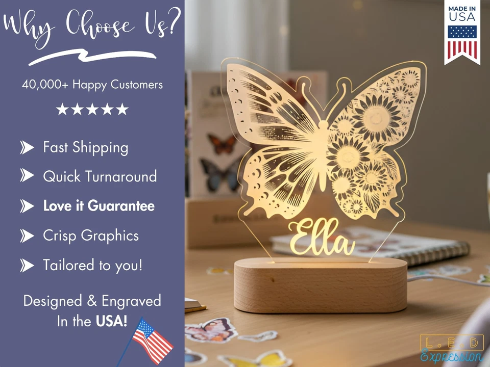 Luz con nombre personalizada mariposa, letrero LED personalizado para dormitorio infantil Foto 3 de 4