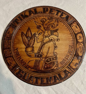 Carved Wooden Plaque Depicting Mayan Deity Yum Kaax, God Of Corn  10  Diameter