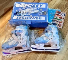 New Kids Girl Ice Skates Light Blue White Frozen Snowflake 31-34 Adjustable 13-3