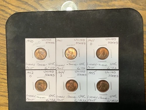United States 1940-1945  Lincoln Cent (Toning) UNC 6 Coin Lot.  10968