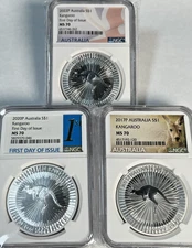 2017-P, 2020-P, 2022-P Australia Kangaroo 1oz Fine Silver Perth Mint NGC MS70