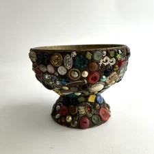 Vintage Folk Art Memory Jar Jug Vase Bowl Handmade Shelf Beaded Table Decor