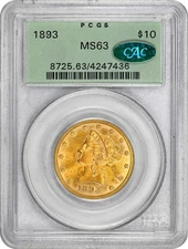 1893 $10 MS63 OGH PCGS CAC Gold Eagle