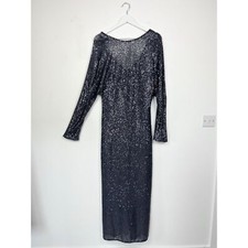 Zara Full Sequin Maxi Dress Size S Grey Batwing Sleeve V-Beck Flattering RRP £60