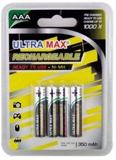 Ultramax AAA HR03 R03 350mAh Pre-Charged Rechargeable NiMH Batteries | 4 Pack 1.43 per battery