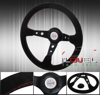350mm Suede Drifting Tracking Road Tuning Steering Wheel Logo Horn Red
