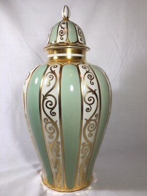 1952 Rosenthal Signed & HandPainted Green, Gold, Cream 15.25 Inch COVERED JAR