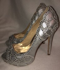 BADGLEY MISCHKA SILVER EMBELLISHED WITNEY PEEP TOE PUMPS HEELS SZ 6 WEDDING