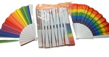 12 Pk Folding Hand Fans Rainbow White Plastic Handle Party Festivals