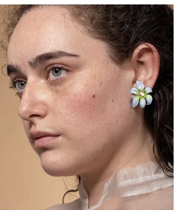 Boucles D'oreilles Alexis BITTAR - Fleurs Pensée Bleue Avec Cristal Bleu - Plaqué Or Jaune - Neuf Avec étiquettes