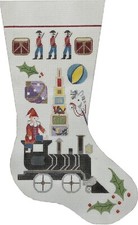 Hand-Painted 23" CHRISTMAS STOCKING Train  Toys Needlepoint Canvas 3304
