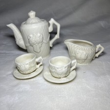 Vintage 6pc MINIATURE Ivory Rose Bisque TEA SET Cup SAUCER Cream Teapot