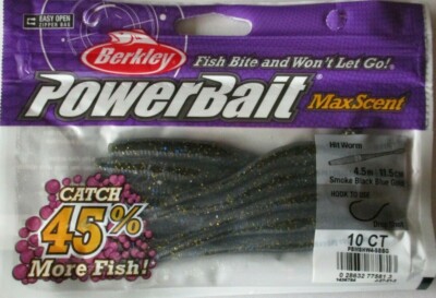 Berkley PowerBait Max Scent Hit Worm 10 Ct Smoke Black/Blue  Gold