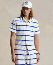 Image of Polo Ralph Lauren Men's Striped Terry Camp Shirt, Blue/White, S