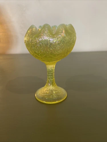 Rare Fenton Persian Medallion Yellow Topaz Rose Bowl Opalescent Compote Pedestal