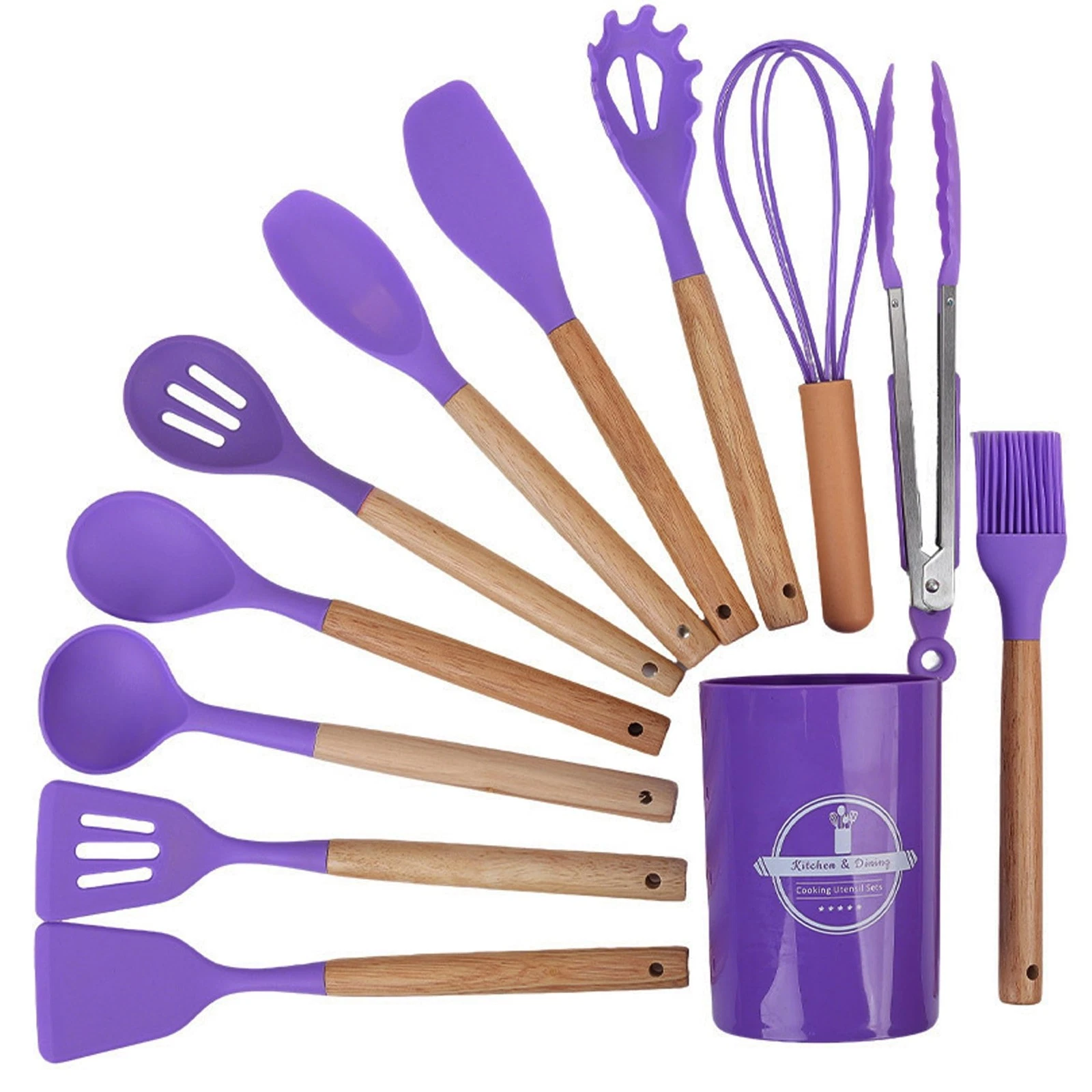 Kitchen Silicone Cooking Utensil Set with Wooden Handles Holder, Great for Co...