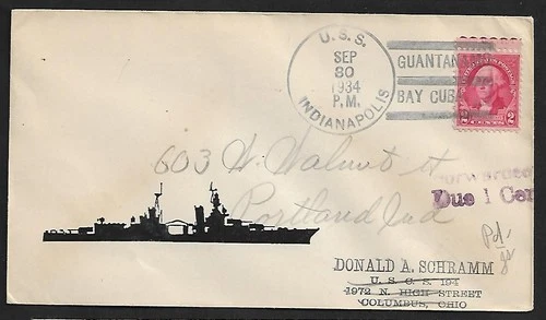 US INDIANAPOLIS IN. TO COLUMBUS OH. GUANTANAMO BAY CANCEL ON NAVAL COVER 1934