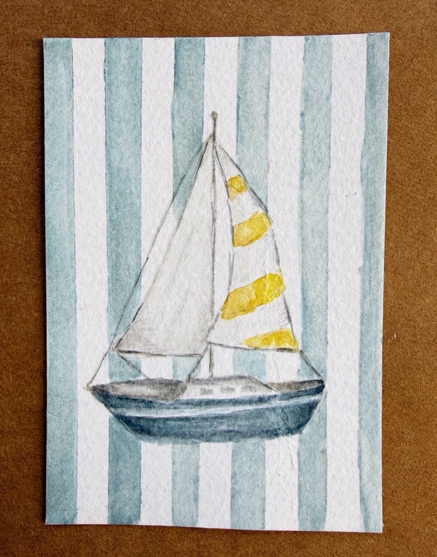 ACEO original nautical coastal watercolor sailboat stripes
