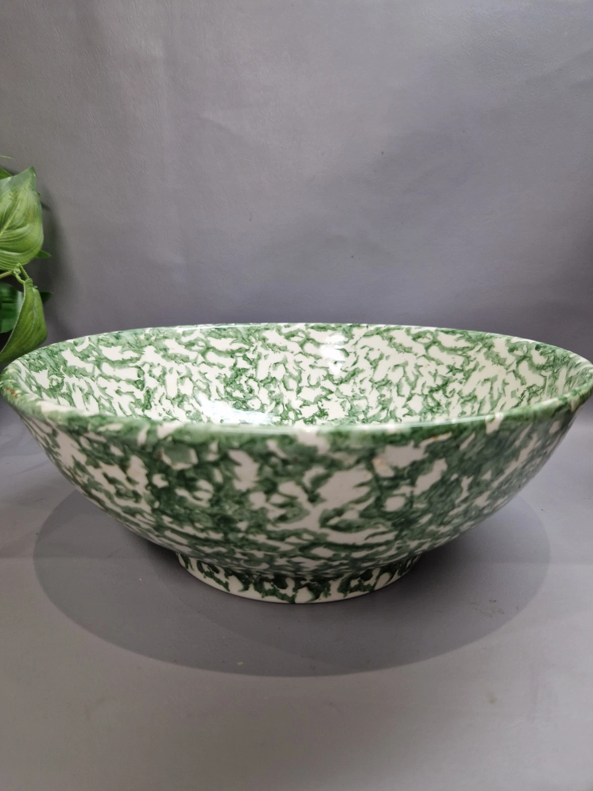 vintage large Italian ceramic green white splatter bowl mixing bowl