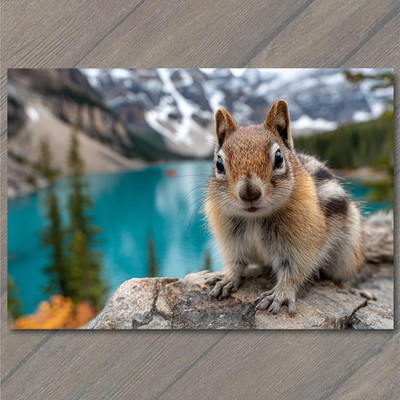 Art Print Curious Chipmunk Alpine Lake Turquoise Water Snowy Peaks Wildlife