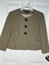 Women s Blazer Brown Plaid Lambs Wool Houndstooth Button Size 8 Anne Klein