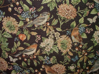 Tela De Tapicería De Cortina Con Pájaros Y Berrys Negro Para Cojines Decorativos - Imagen 1 de 4