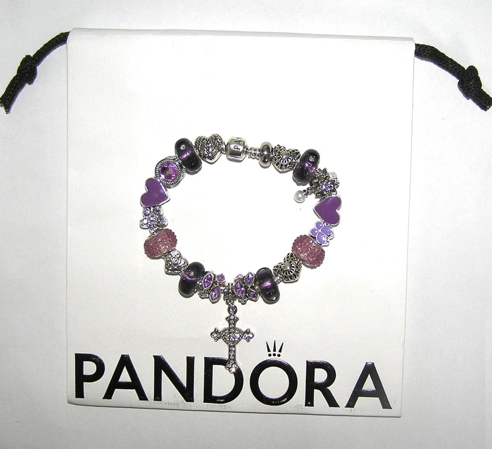 AUTÉNTICO Pulsera Pandora Plata con Cruz Abrazo de Amor, Dijes Europeos Púrpura Foto 2 de 4