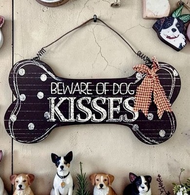 Shabby Chic BEWARE OF DOG KISSES Bone Shape Wood & Metal Hanging Sign 11.5  NWT