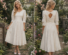 Vintage 80s Lanz Ivory Puff Sleeve Dirndl Fit  Flare Midi Dress with Bow sz 14