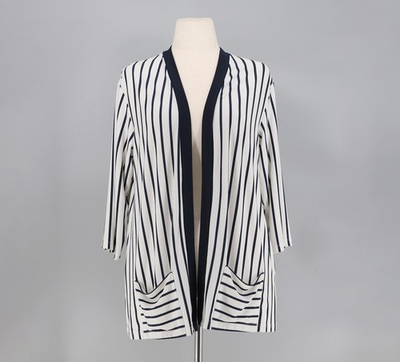 #ad SYMPLI Jersey Knit Navy White Stripe Open Front Cardigan Front Pockets Size 12 $39.99