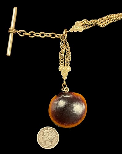Antique Victorian 12K Yellow Gold Filled Watch Chain Kukui Nut Fob Necklace 13" - Picture 8 of 18
