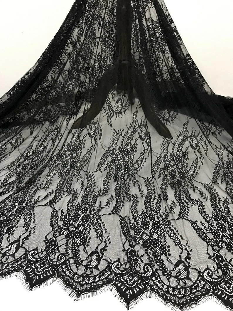 1yd Lace Fabric Black French Chantilly Eyelash Fabric for Bridal