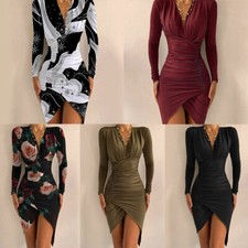 Women V Neck Long Sleeve Dress Cocktail Stylish Clubwear Wrap Dress Midi Dress