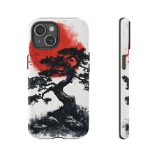 Japanese Bonsai Tree Phone Case – Minimalist Ink Art with Red Sun