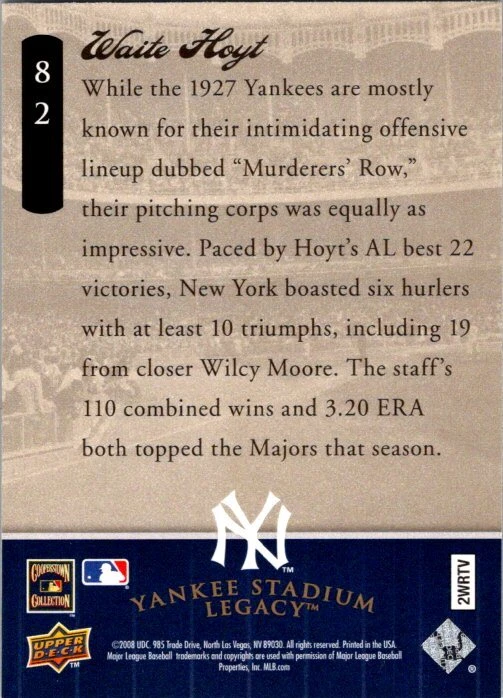2008 Upper Deck Yankee Stadium Legacy Final Season Box Set #82 Waite Hoyt - Image 2 of 2