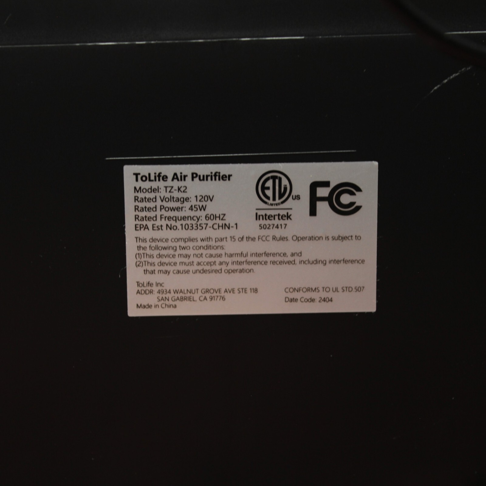 Tolife TZ-K2 Black Digital Display Air Purifiers For Home Large Room W/ Remote