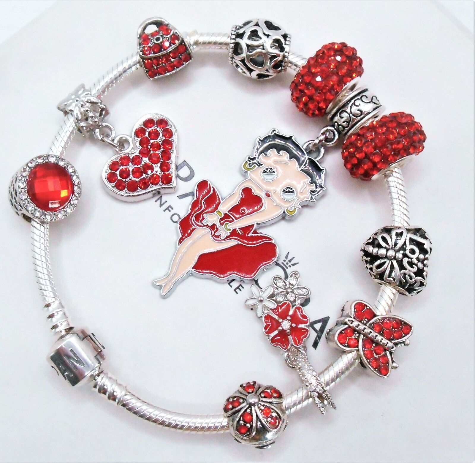 PANDORA SILVER CHARM BRACELET WITH RED EUROPEAN CHARMS &amp; GIFT BOX! |