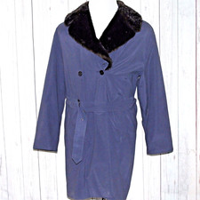 Jaeger Medium Navy Blue Double Breasted Faux Fur Collar Belted Trench Coat