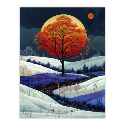 Herbst Baum bei Nacht am Mond Gemälde Traum Schnee Wandbild Poster Druck Bild