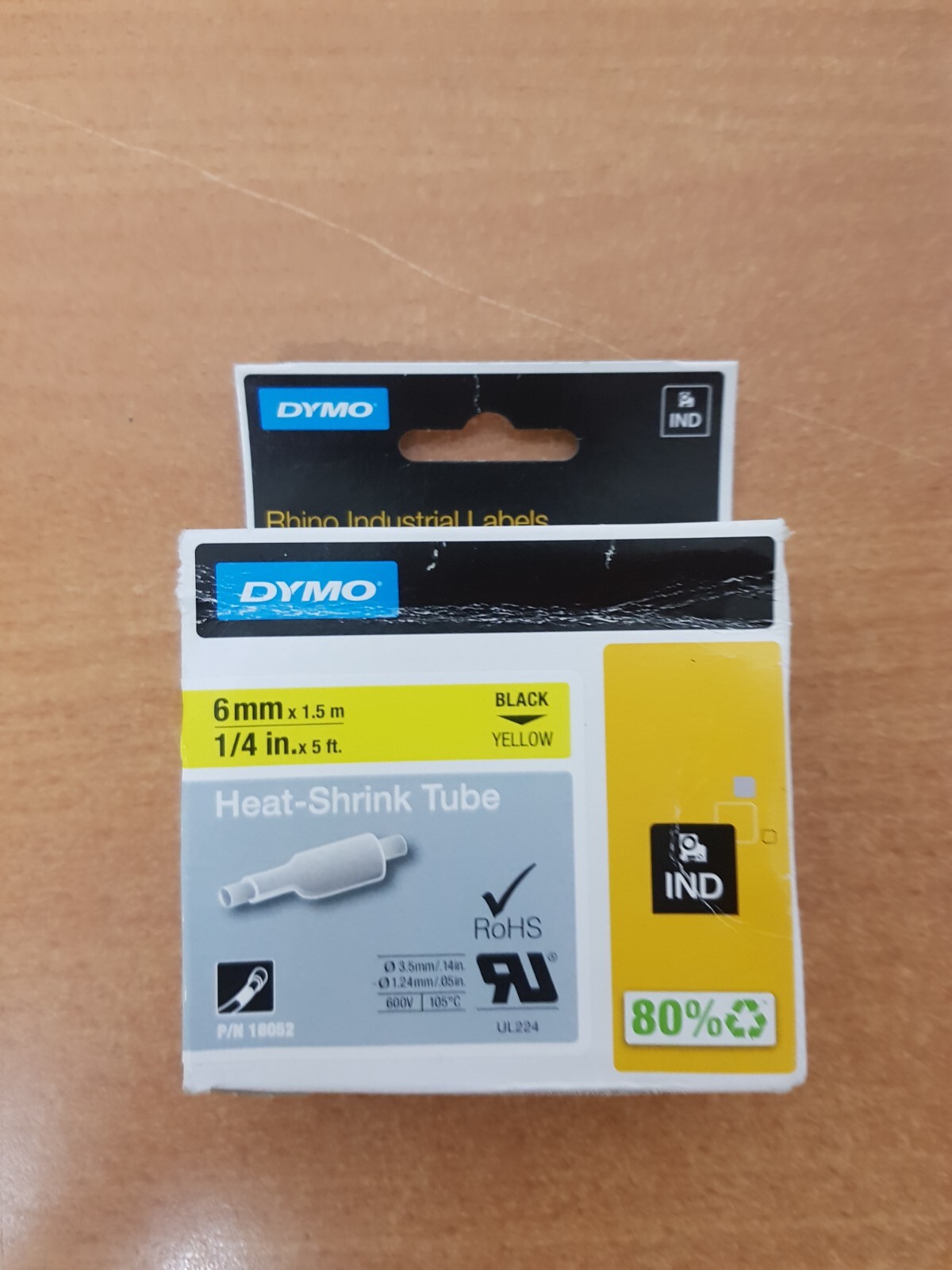 DYMO Rhino Heat Shrink Cable Label Tubes Industrial 6mm x 1.5m Black on Yellow