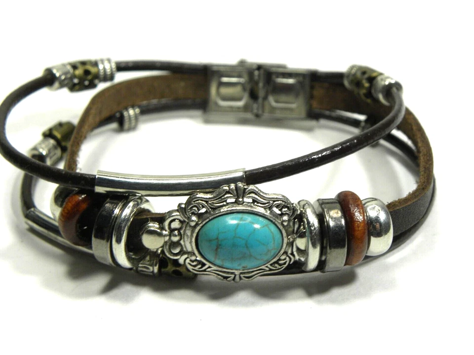 Boho Triple Strand Leather Cord Bracelet Faux Turquoise Cabochon Beaded Brown - Image 2 of 4