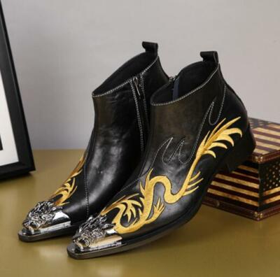 Mens Leather Pointy Metal Toe Ankle Boot Wedding Embroidery Casual Formal Shoes 