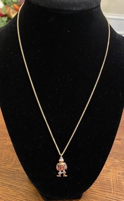 VTG 10k Gold Necklace & Clown Pendant Diamonds Rubies Movable Arms & Legs 4.4g
