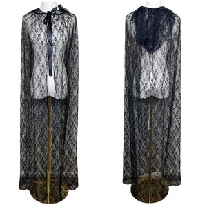 Vintage Hooded Lace Cape Black Sheer Floral Long Cloak Tie Front Y2K Whimsigoth