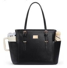 17.3" Laptop Tote Bag for Women, Vintage Leather Work Bag with Large Cup Holder
