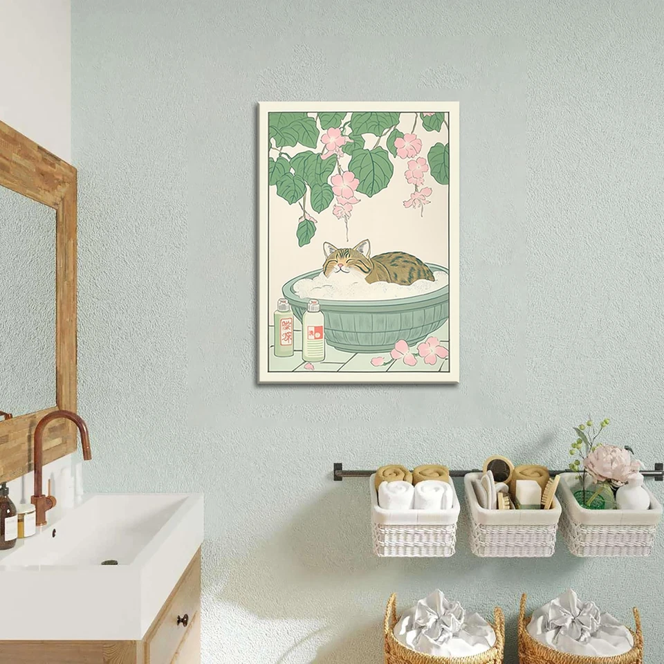 Japanese Cat Bathroom Wall Art Set of 2 Funny Black Cat in Bathtub Wall Decor... - Image 2 of 4
