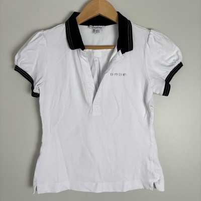 Vintage Y2K bebe Puff Sleeve Polo Shirt-Rhinestone Logo-Fitted-Black/White-M