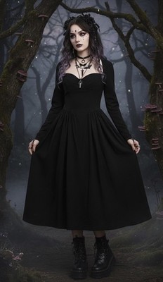 Whimsy  Goth Black Midi Dress  M Sweetheart Neck Long Sleeve Witchy Fairycore