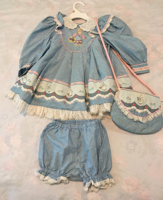 Vtg  Daisy Kingdom Blue Bunny Full Circle Pinafore Dress, Bottoms & Purse 18 MOS