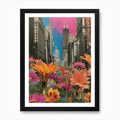 Chicago Floral Retro Collage Stil Gerahmtes Wandbild Poster Leinwanddruck Bild